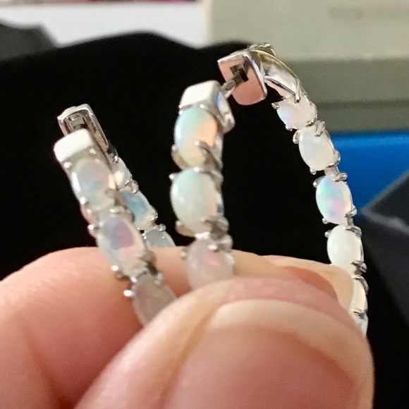 HSN Colleen Lopez Elegant 925 Sterling Silver Opal Large Hoop Earrings - Picture 3 of 3